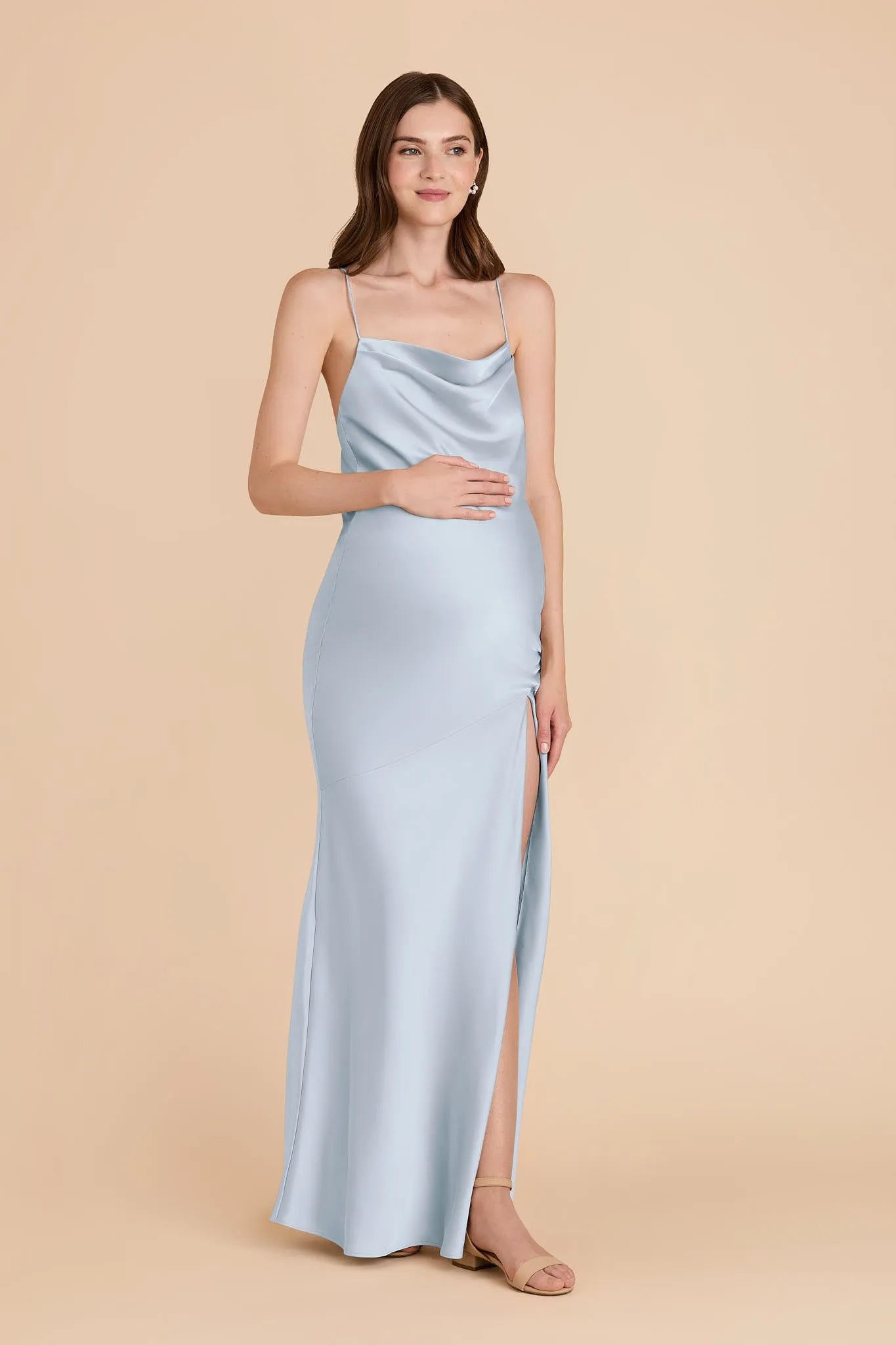 Chic Sheath Cowl Neck Spaghetti Strap Criss Cross Back Floor Length Bridesmaid Dresses