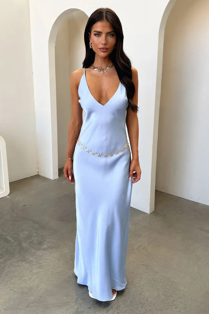 Chic Sheath Deep-V Spaghetti-Strap Embellished-Waist Floor-Length Formal Prom Dresses