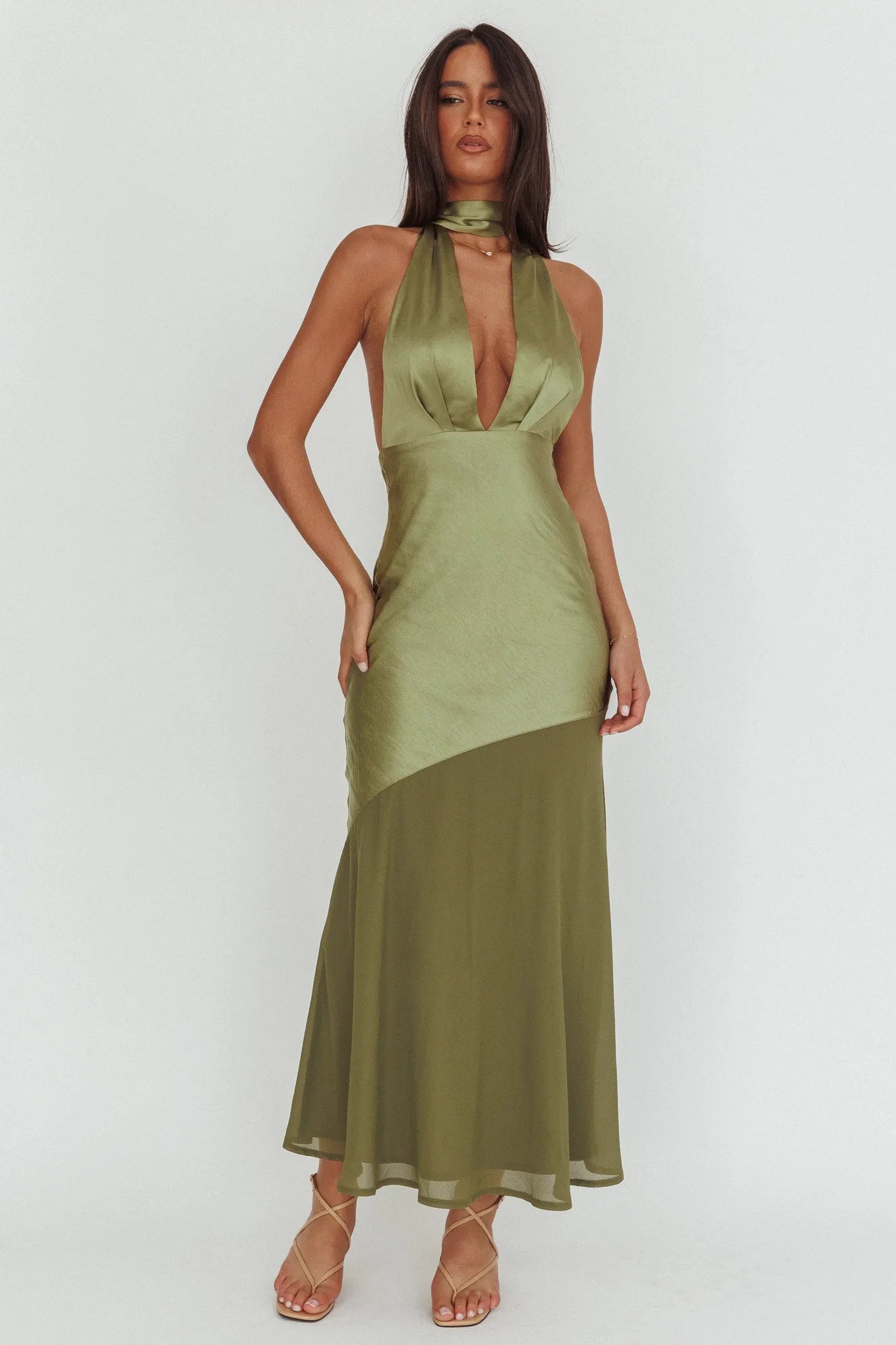 Chic Sheath Deep V Halter Tie Back Sleeveless Long Party Dresses