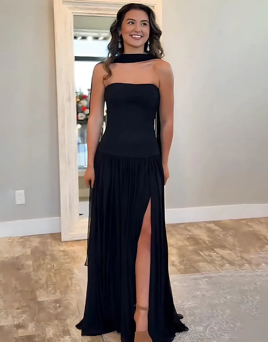 Chic Sheath Halter-Neck Pleated-Hem Floor-Length Prom Dress