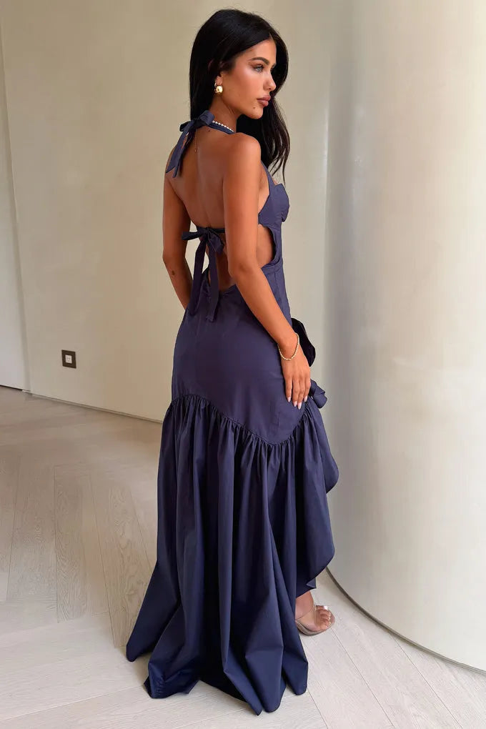 Chic Sheath Halter Neck Sleeveless Cut Out Back High Low Prom Dresses