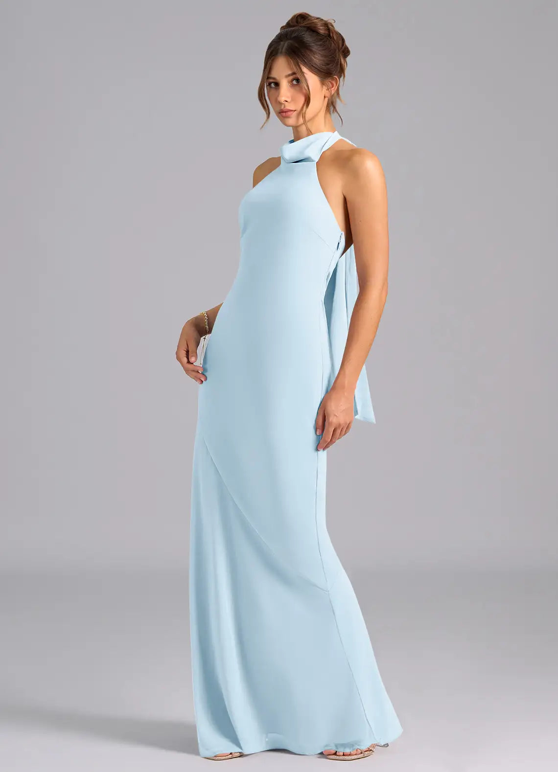 Chic Sheath Halter Sleeveless Bow Back Floor-Length Formal Bridesmaid Dresses