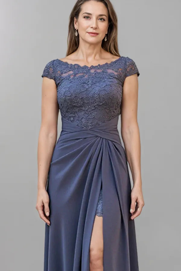 Chic Sheath Off-The-Shoulder Short Sleeves Lace Back Floor-Length Mother Of The Bride Dresses