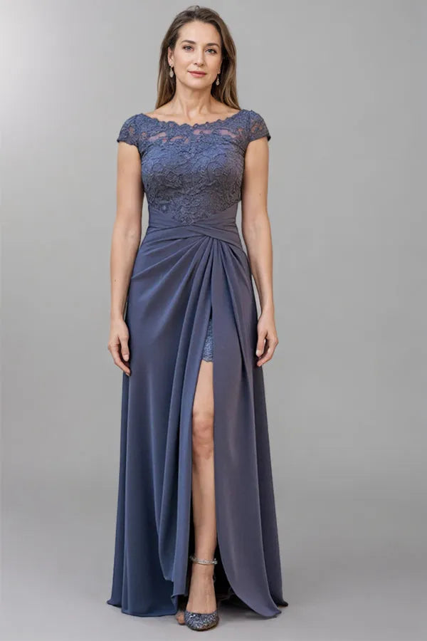 Chic Sheath Off-The-Shoulder Short Sleeves Lace Back Floor-Length Mother Of The Bride Dresses