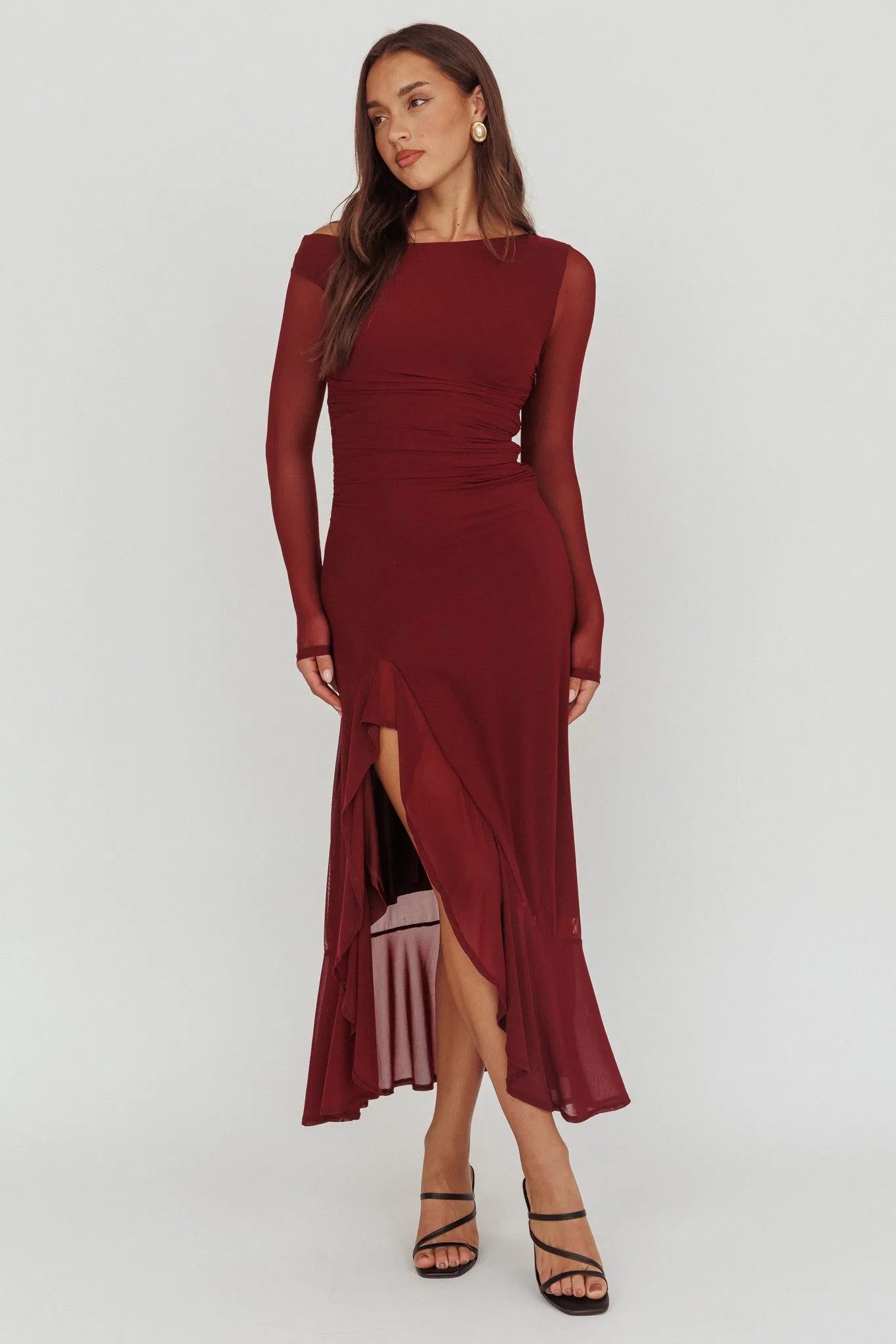 Chic Sheath Off-the-Shoulder Sheer Sleeve Open Back Midi-Length Formal Party Dresses
