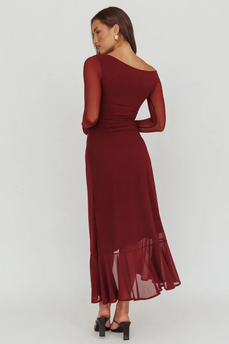 Chic Sheath Off-the-Shoulder Sheer Sleeve Open Back Midi-Length Formal Party Dresses