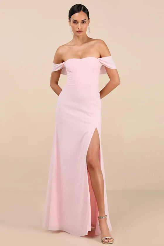 Chic Sheath Off Shoulder Sleeveless Open Back High Slit Floor Length Formal Prom Dresses
