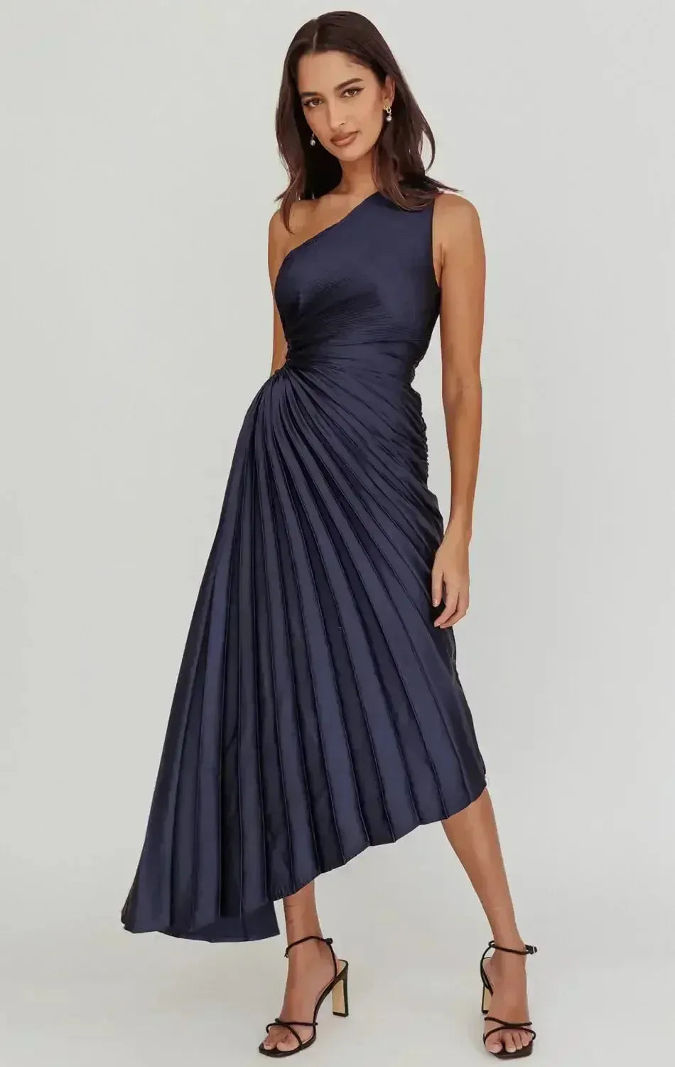 Chic Sheath One-Shoulder Sleeveless Ruched Back Asymmetrical Midi Formal Dresses