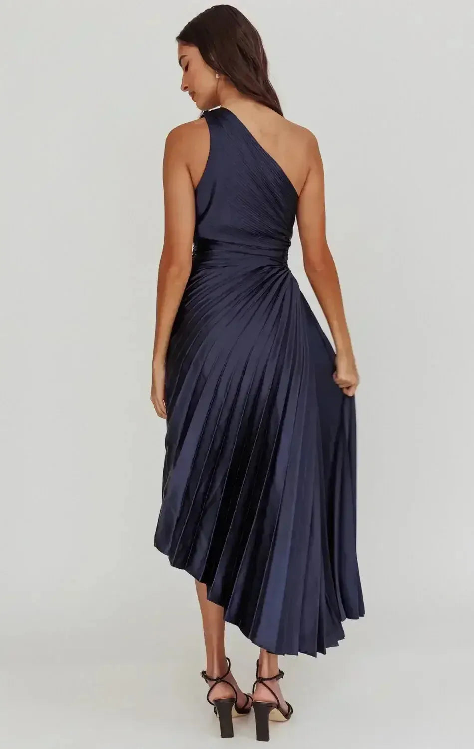 Chic Sheath One-Shoulder Sleeveless Ruched Back Asymmetrical Midi Formal Dresses
