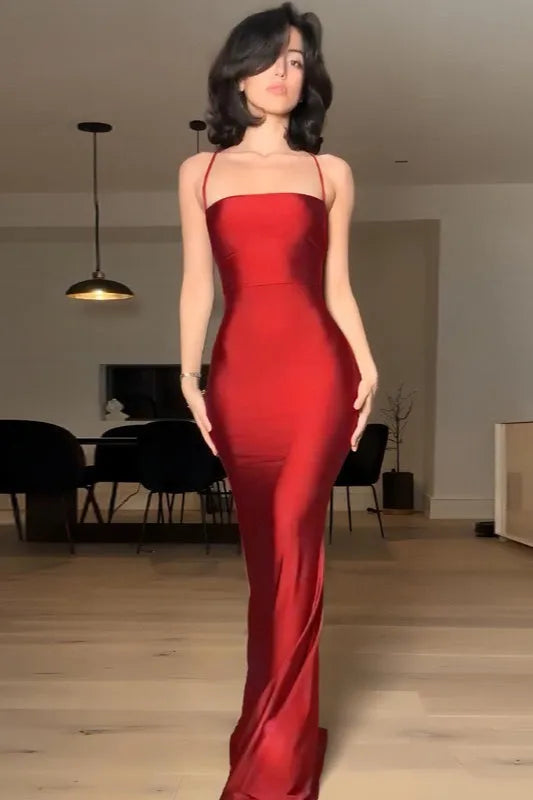 Chic Sheath Spaghetti Strap Lace-Up Back Floor-Length Formal Party Dresses