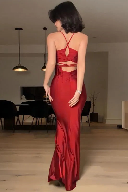 Chic Sheath Spaghetti Strap Lace-Up Back Floor-Length Formal Party Dresses