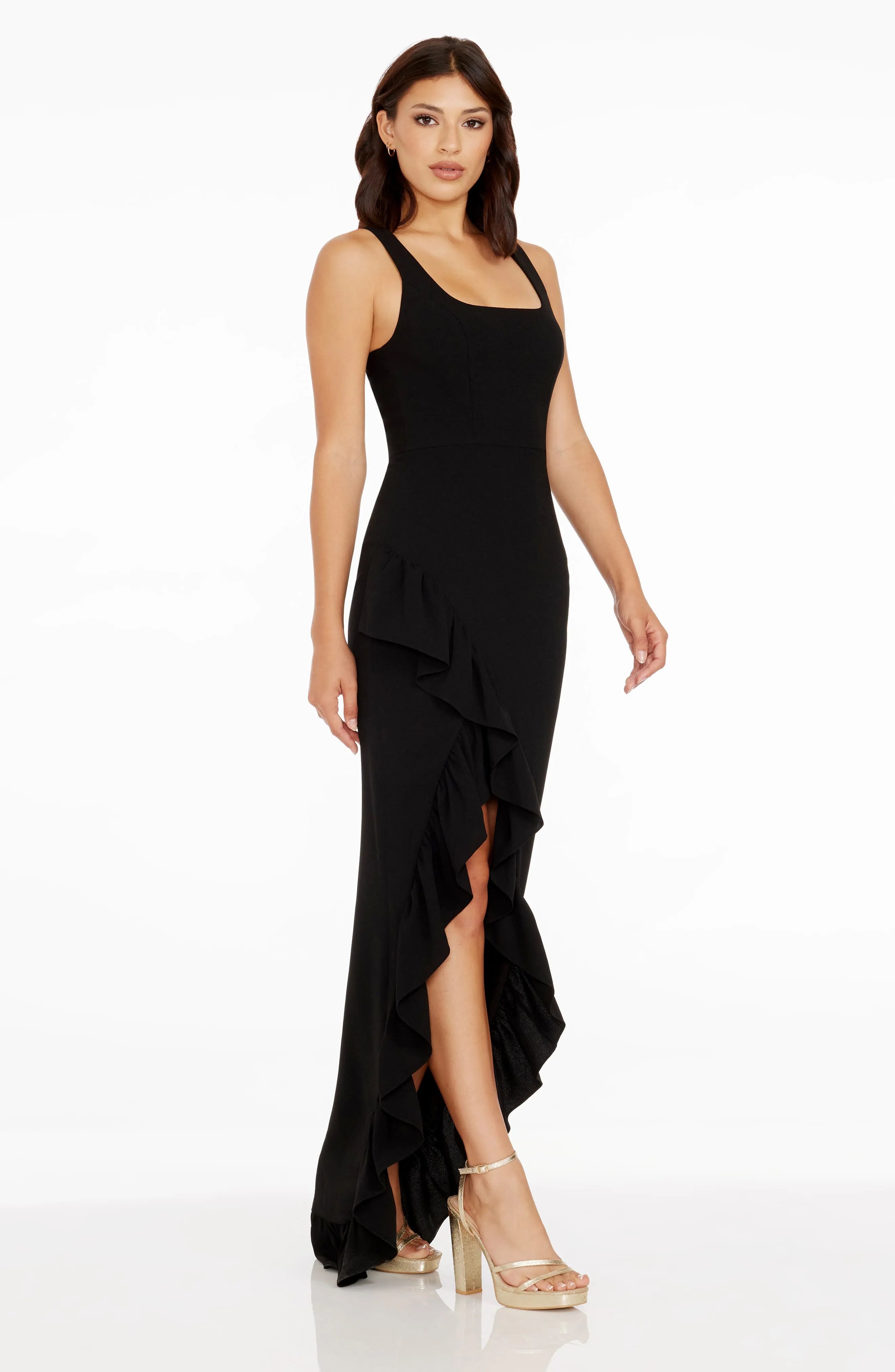 Chic Sheath Square-Neck Sleeveless Ruffled-Slit Floor-Length Formal Prom Dresses