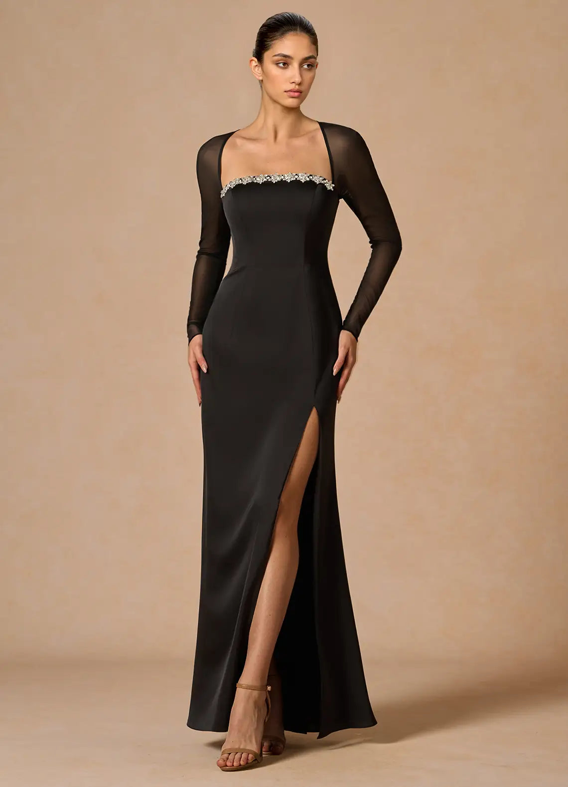 Chic Sheath Square Neck Sheer Long Sleeve Keyhole Back Floor-Length Evening Dresses