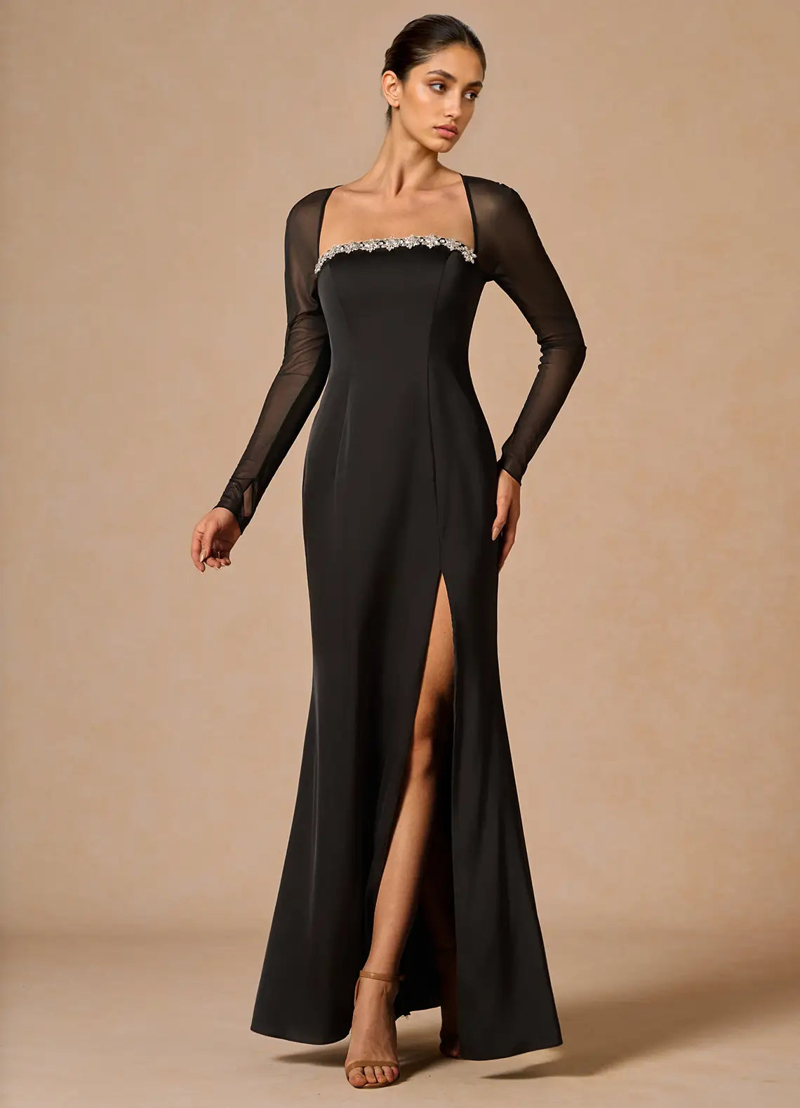 Chic Sheath Square Neck Sheer Long Sleeve Keyhole Back Floor-Length Evening Dresses
