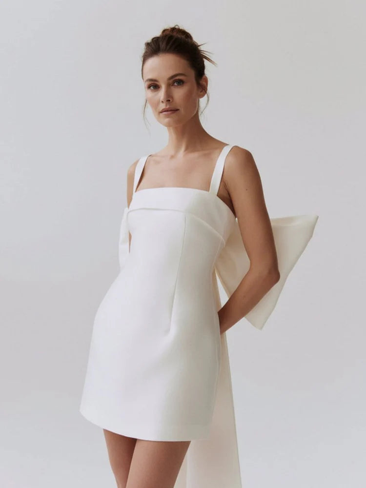 Chic Shift Square Neck Spaghetti Strap Bow-Back Mini-Length Wedding Dresses
