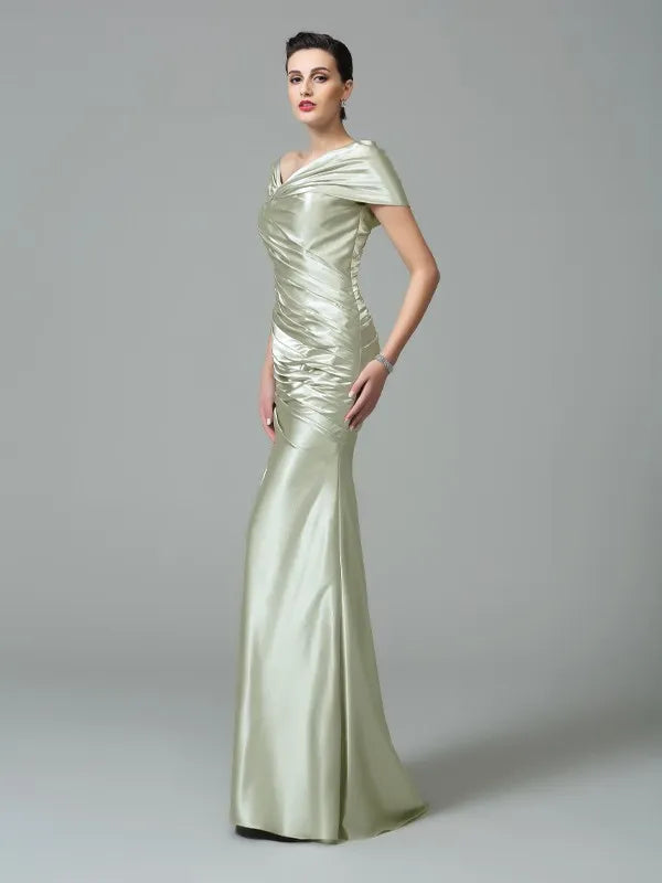Chic Trumpet One-Shoulder Short Sleeve Zipper Back Long Satin Evening Dresses