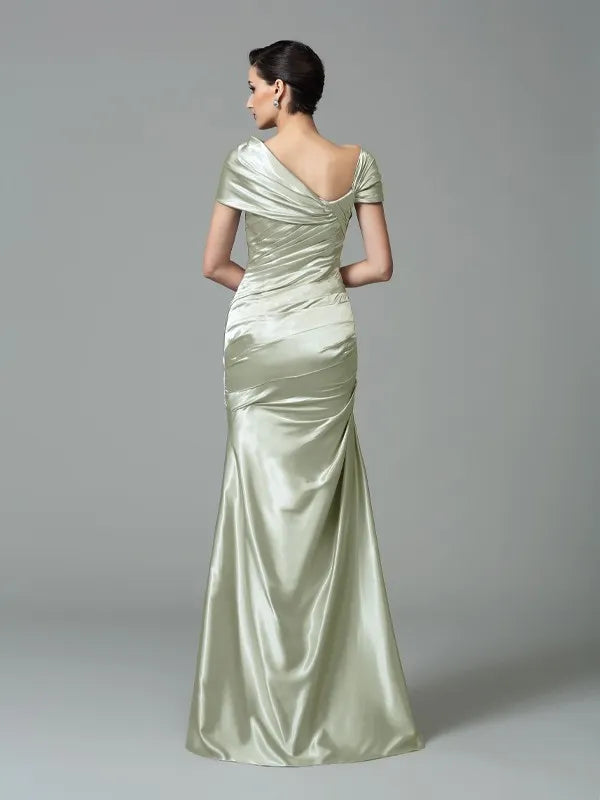 Chic Trumpet One-Shoulder Short Sleeve Zipper Back Long Satin Evening Dresses