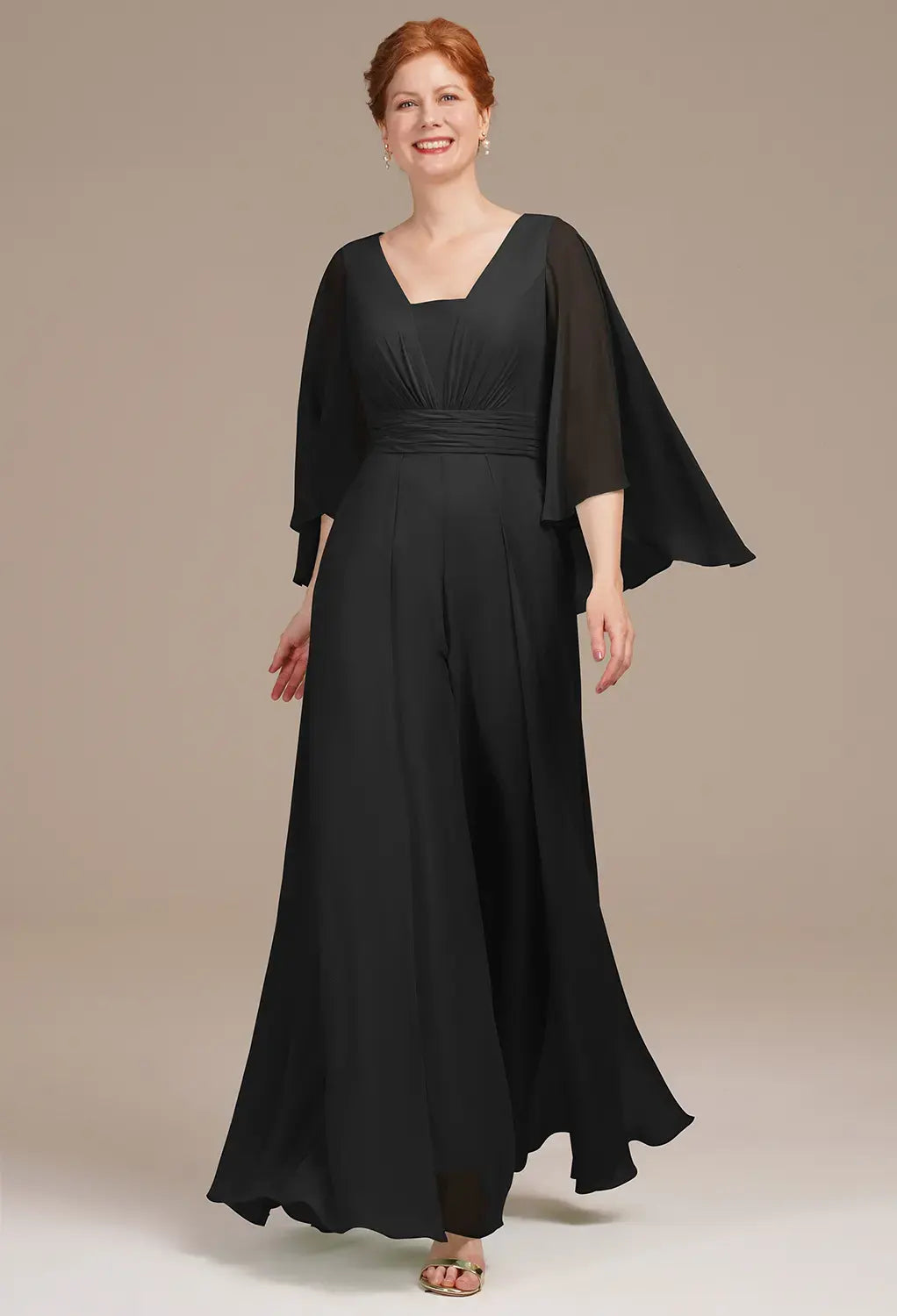 Chic Wide-Leg Square Neck Cape Sleeves Zip Back Floor-Length Mother Of The Bride Dresses