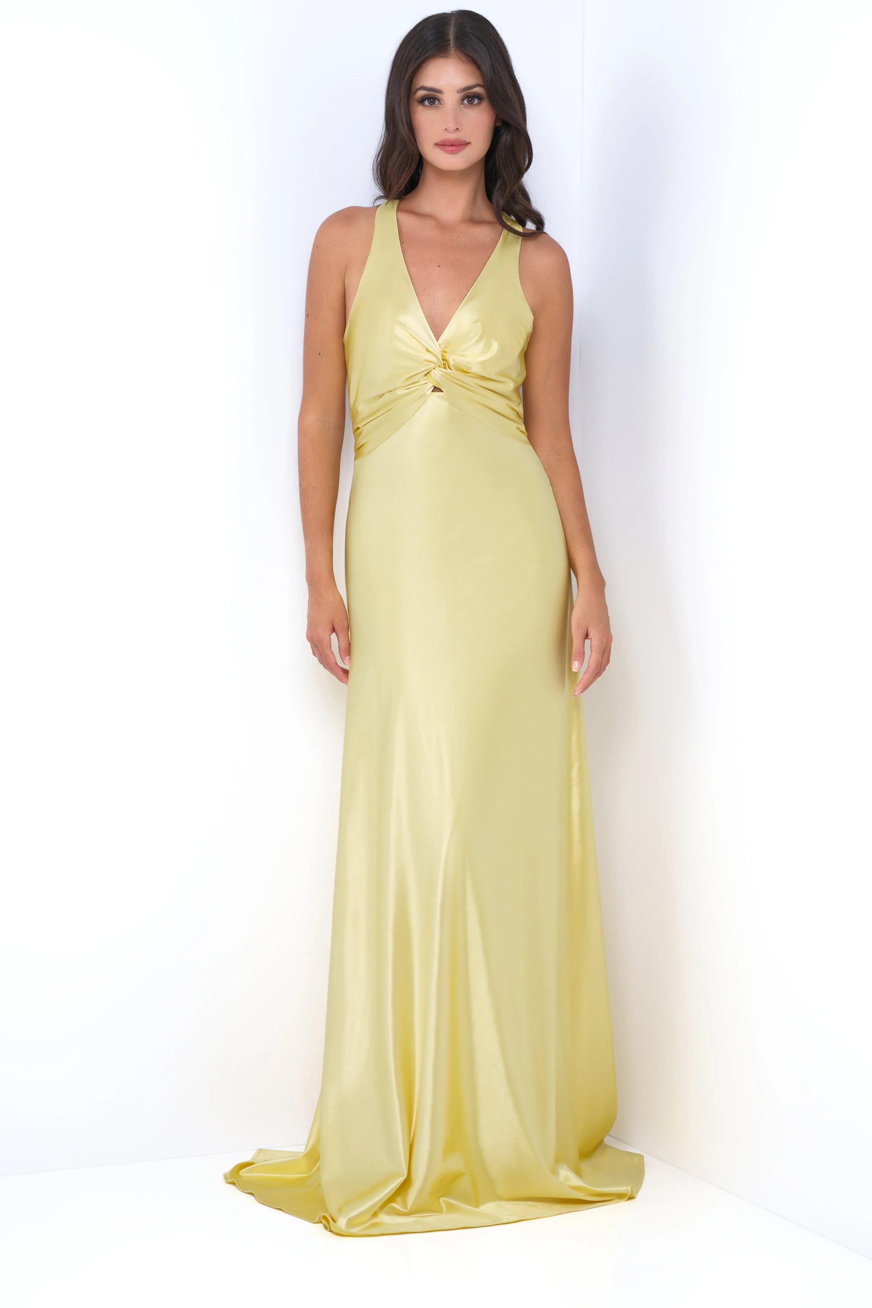 Chic Yellow Sheath Deep V Neck Halter Sleeveless Bow Back Floor-Length Prom Dresses