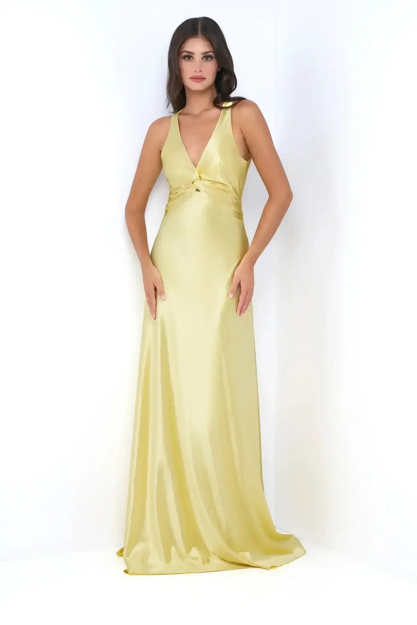 Chic Yellow Sheath Deep V Neck Halter Sleeveless Bow Back Floor-Length Prom Dresses