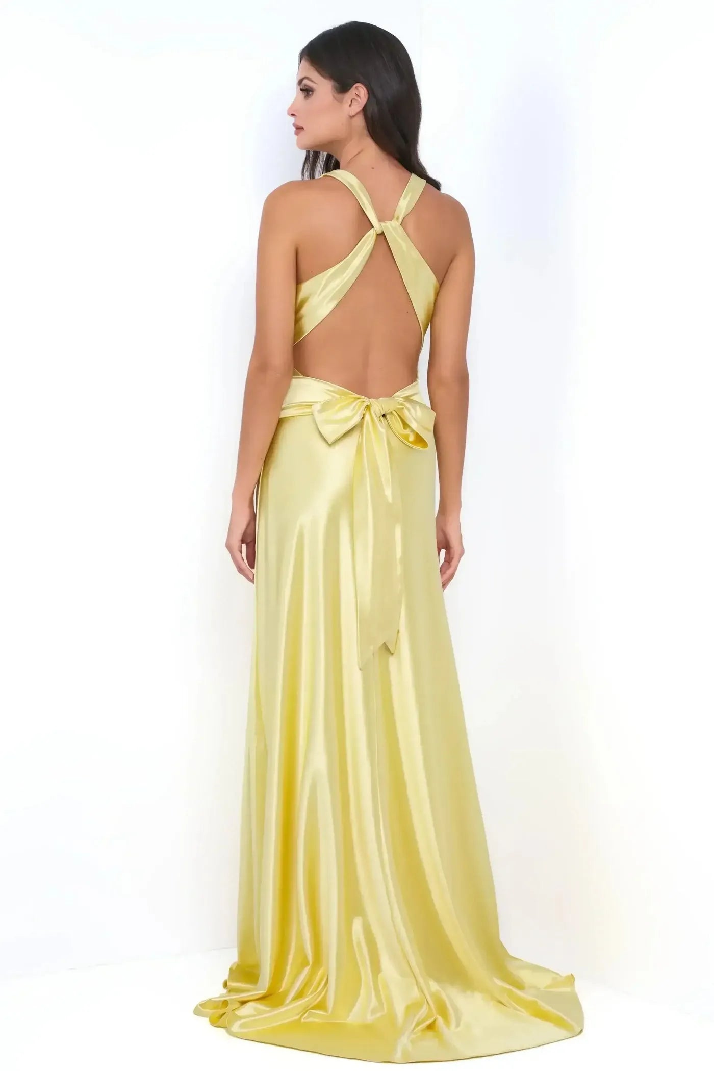 Chic Yellow Sheath Deep V Neck Halter Sleeveless Bow Back Floor-Length Prom Dresses