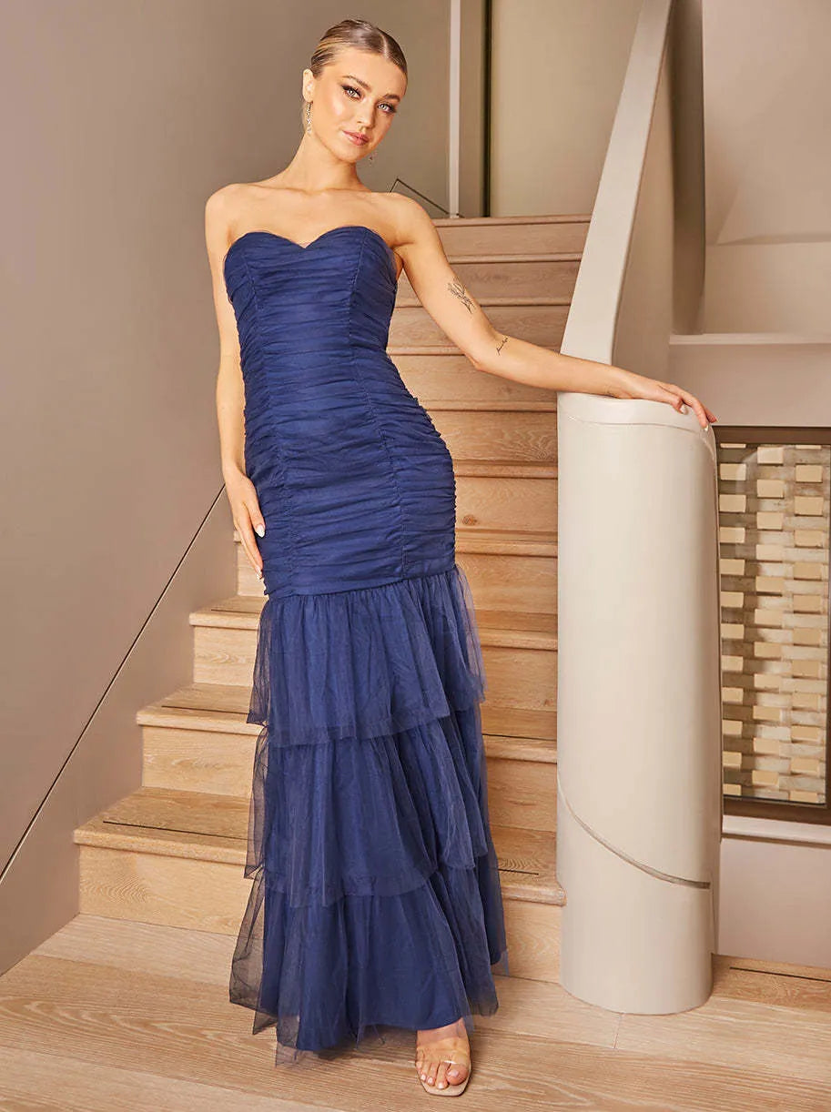 Chic Navy Trumpet Sweetheart Neck Strapless Zipper Back Tulle Long Evening Dresses