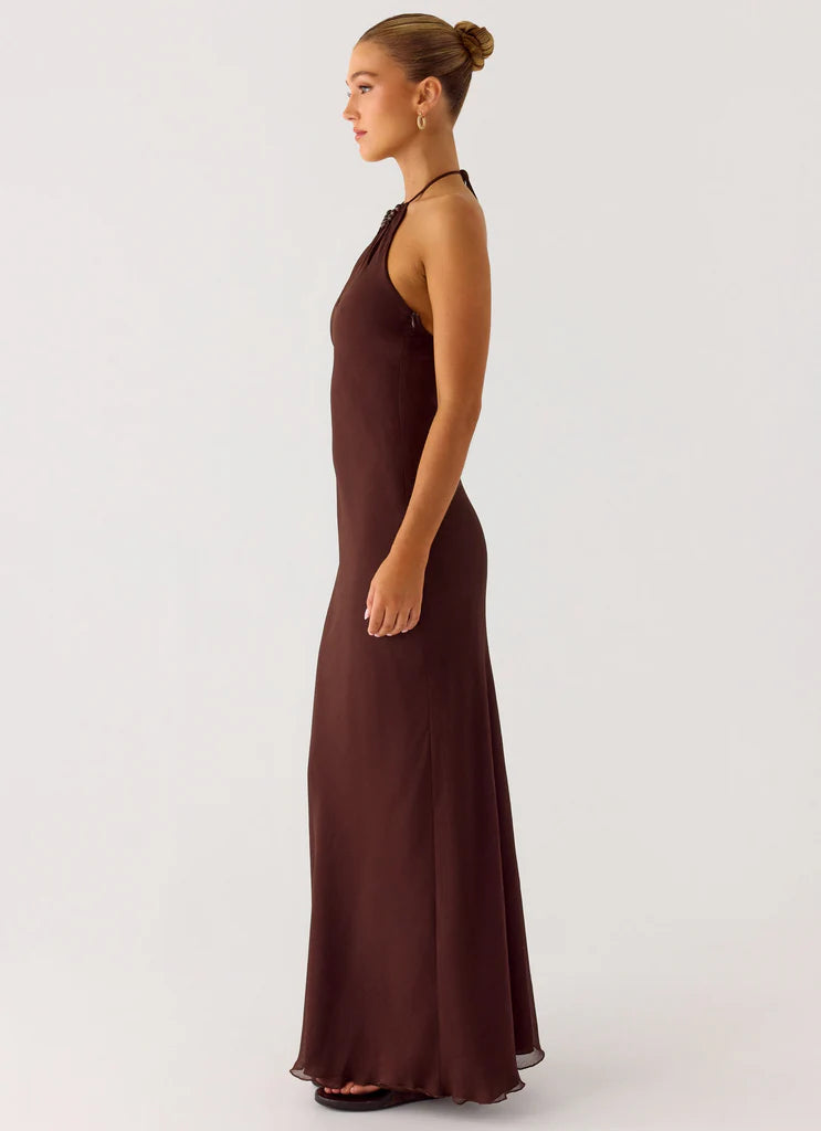 Chocolate Brown Beaded Halter Neck Backless Maxi Prom Dress For Glam Formal Evening Events