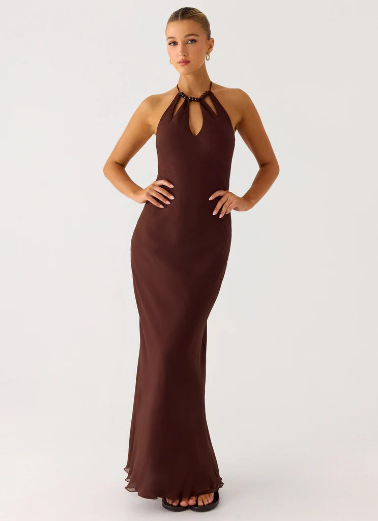 Chocolate Brown Beaded Halter Neck Backless Maxi Prom Dress For Glam Formal Evening Events