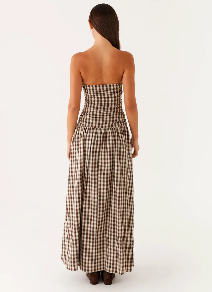 Chocolate Brown Gingham Strapless Ruched Maxi Prom Dress For Elegant Formal Evening Events
