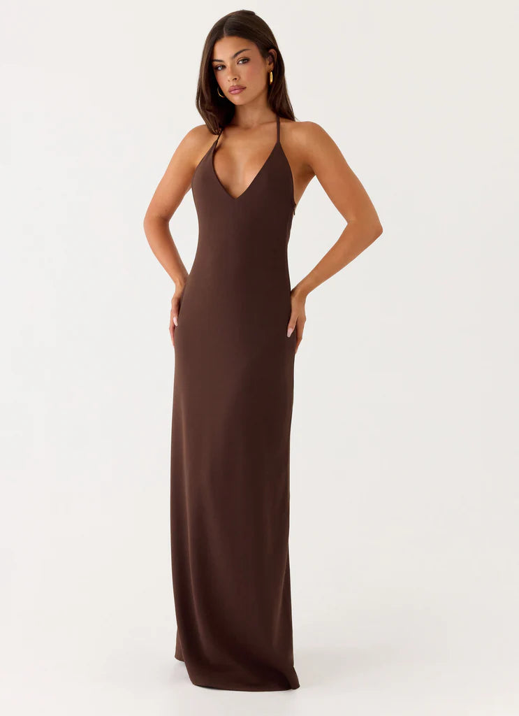 Chocolate Brown Halter Neck Deep V Backless Maxi Dress For Elegant Formal Evening Events
