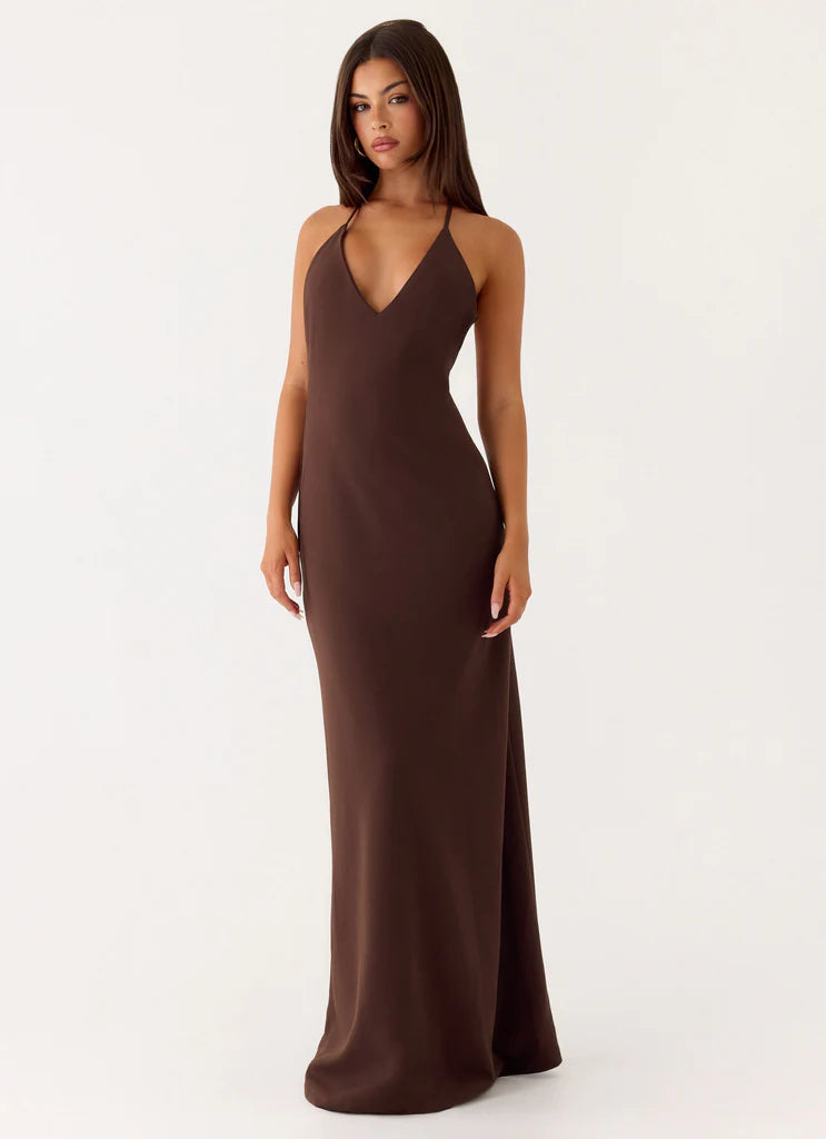 Chocolate Brown Halter Neck Deep V Backless Maxi Dress For Elegant Formal Evening Events