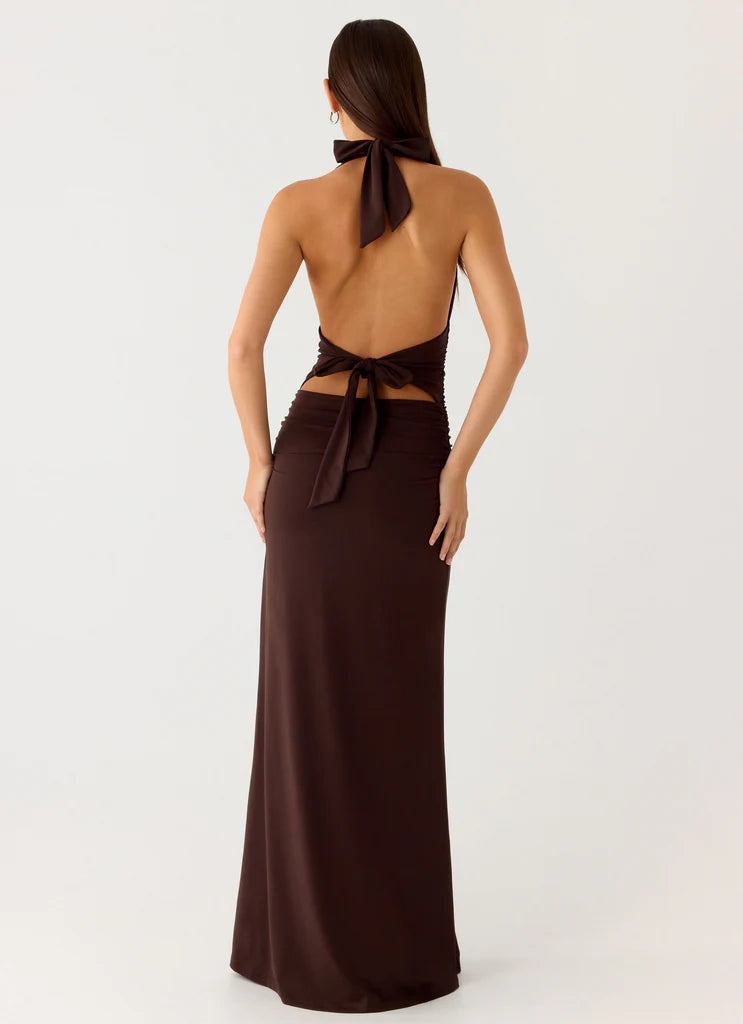 Chocolate Brown Halter Neck Deep V Ruched Backless Maxi Dress For Elegant Formal Evening Events