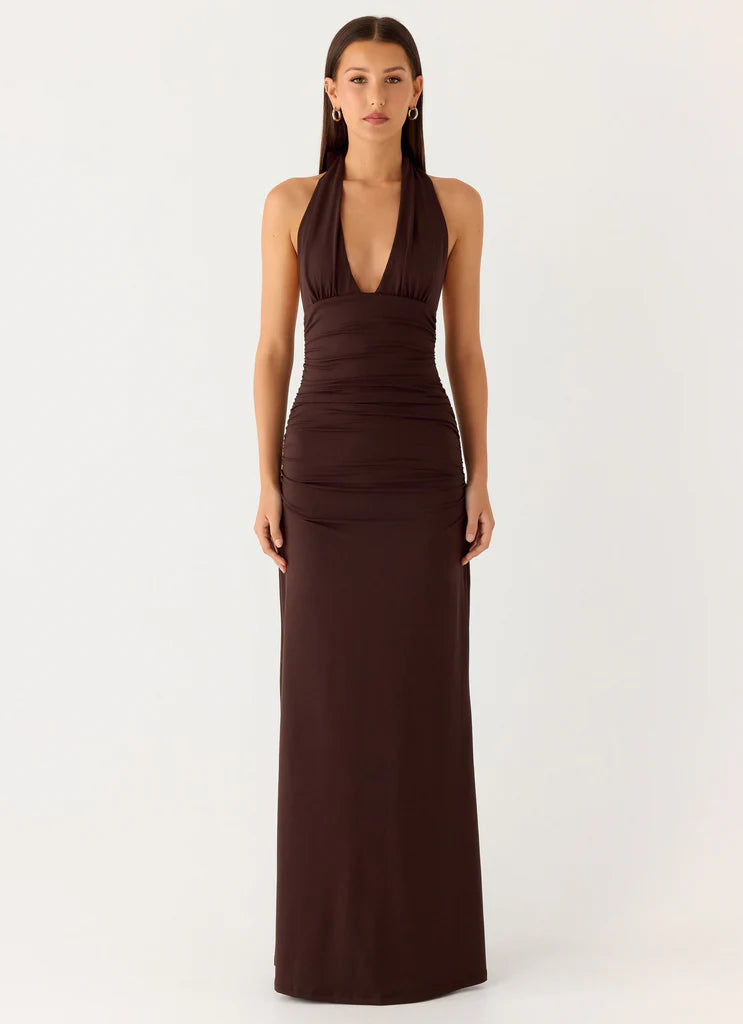 Chocolate Brown Halter Neck Deep V Ruched Backless Maxi Dress For Elegant Formal Evening Events