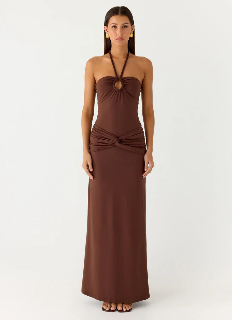 Chocolate Brown Halter Neck Ruched Tie Maxi Prom Dress For Elegant Formal Evenings