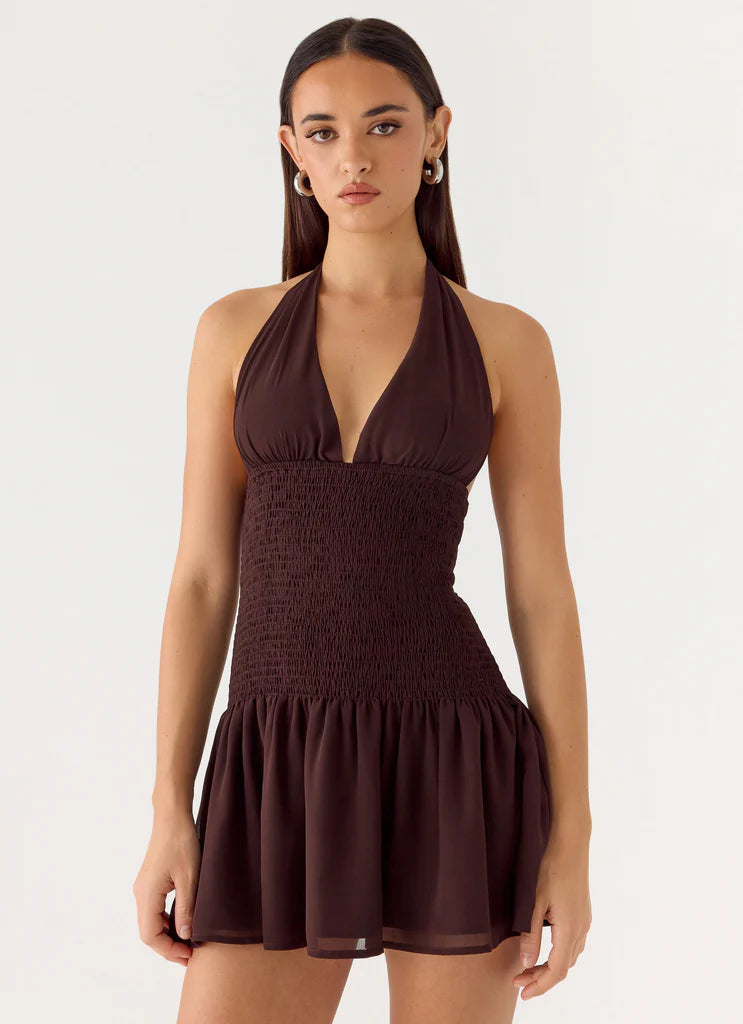 Chocolate Brown Halter Neck Smocked Backless Mini Dress For Elegant Casual Party Events