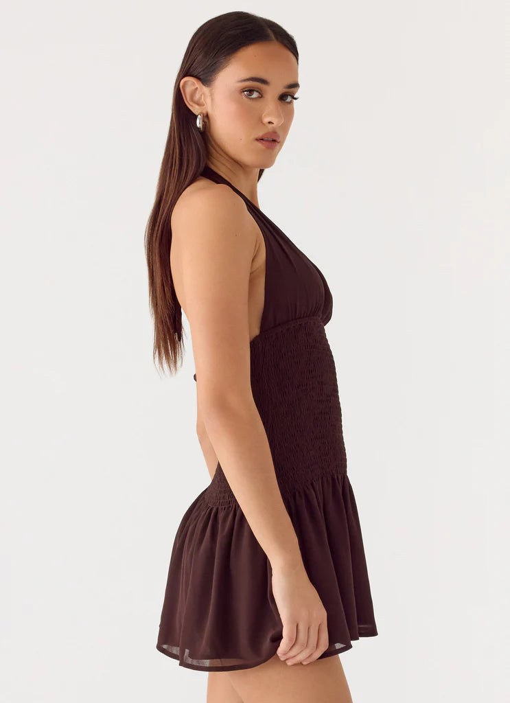 Chocolate Brown Halter Neck Smocked Backless Mini Dress For Elegant Casual Party Events