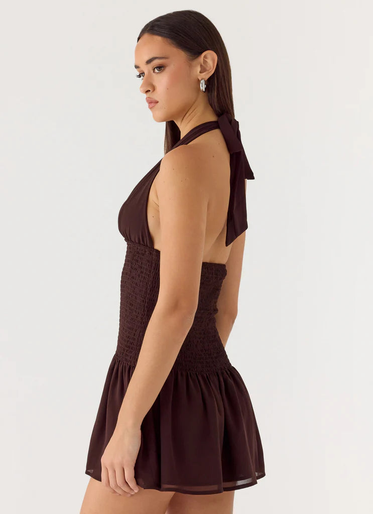 Chocolate Brown Halter Neck Smocked Backless Mini Dress For Elegant Casual Party Events