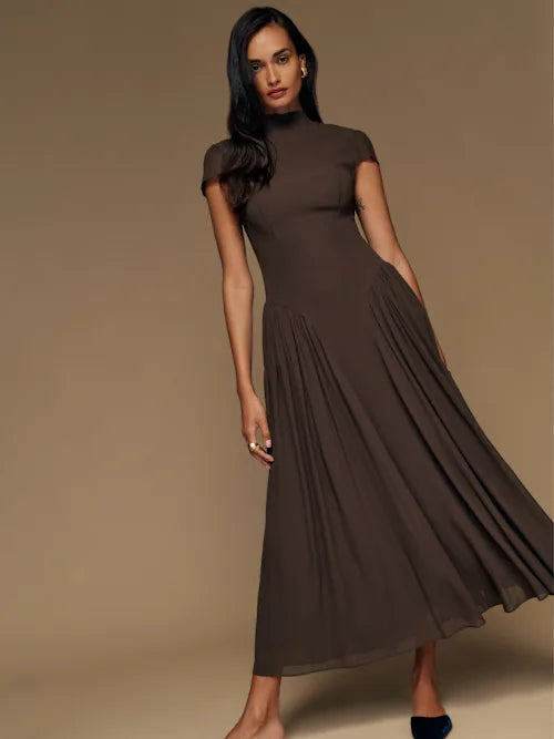 Chocolate Brown High Neck Cap Sleeve Pleated Prom Dress