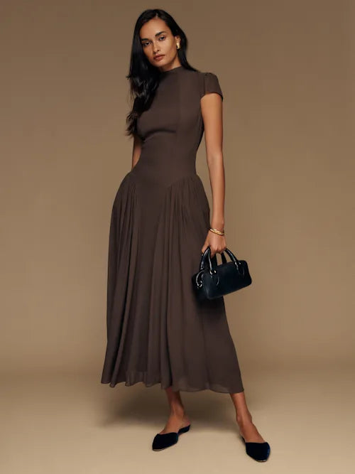 Chocolate Brown High Neck Cap Sleeve Pleated Prom Dress