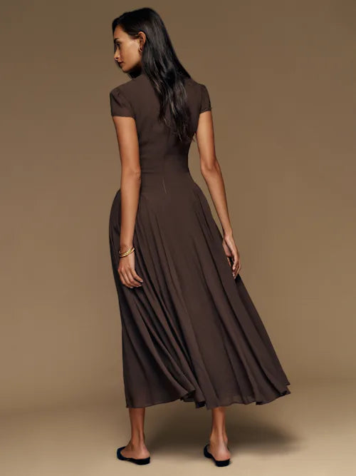 Chocolate Brown High Neck Cap Sleeve Pleated Prom Dress