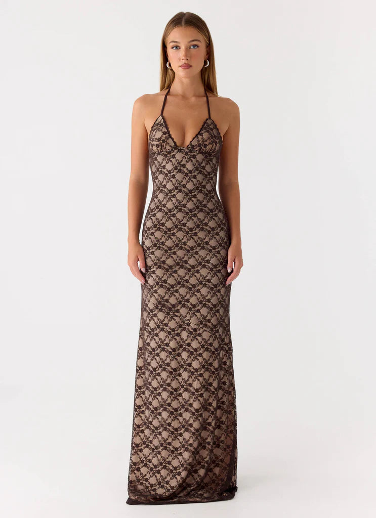 Chocolate Brown Lace Halter Neck Backless Maxi Prom Dress For Elegant Formal Evening Events