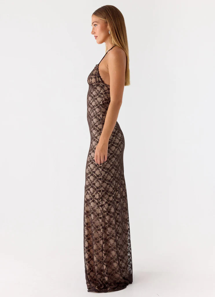 Chocolate Brown Lace Halter Neck Backless Maxi Prom Dress For Elegant Formal Evening Events