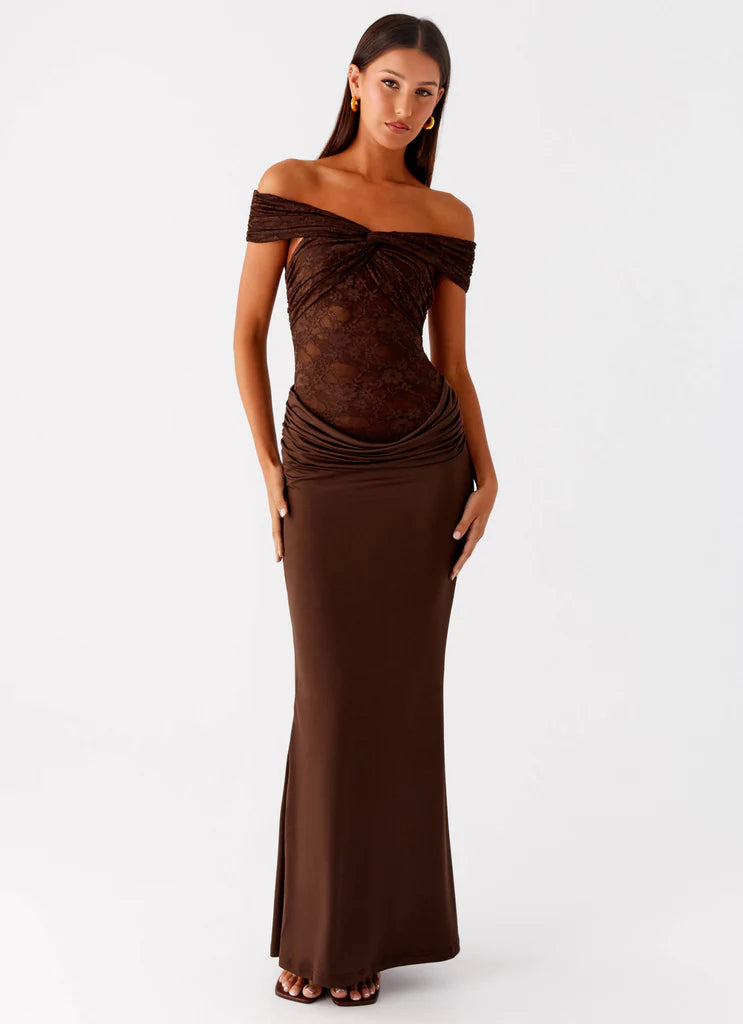 Chocolate Brown Off The Shoulder Lace Maxi Prom Dress For Elegant Formal Evening Events
