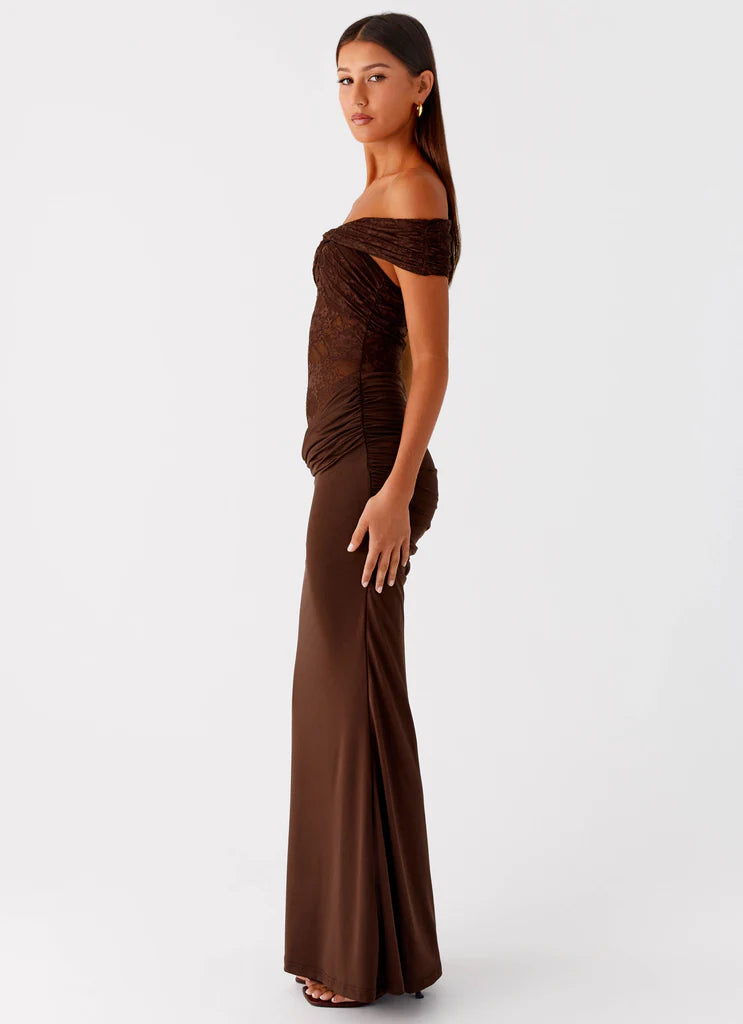 Chocolate Brown Off The Shoulder Lace Maxi Prom Dress For Elegant Formal Evening Events