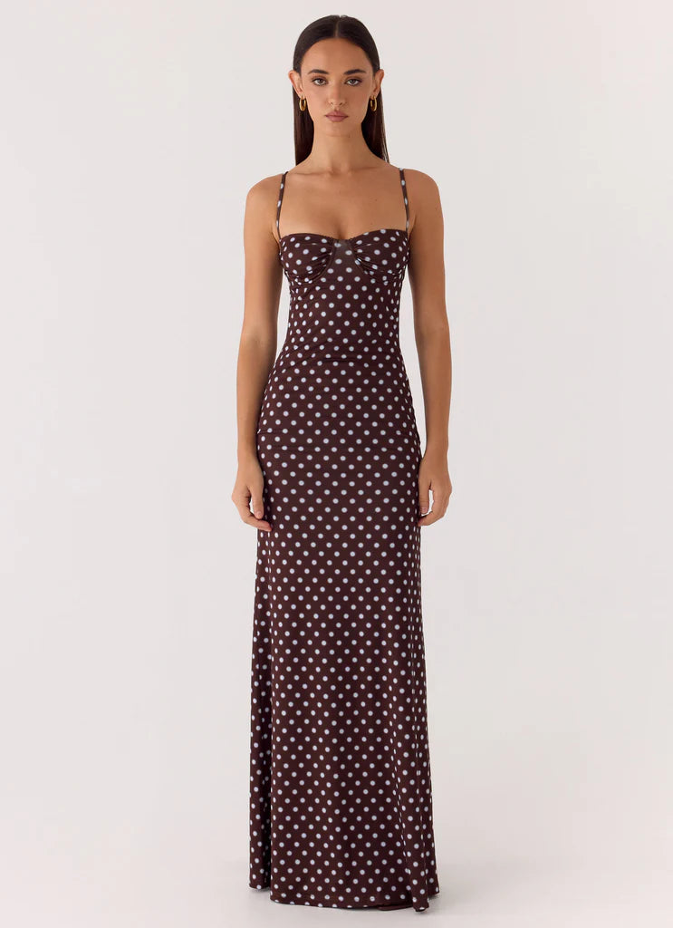 Chocolate Brown Polka Dot Cami Ruched Backless Maxi Prom Dress