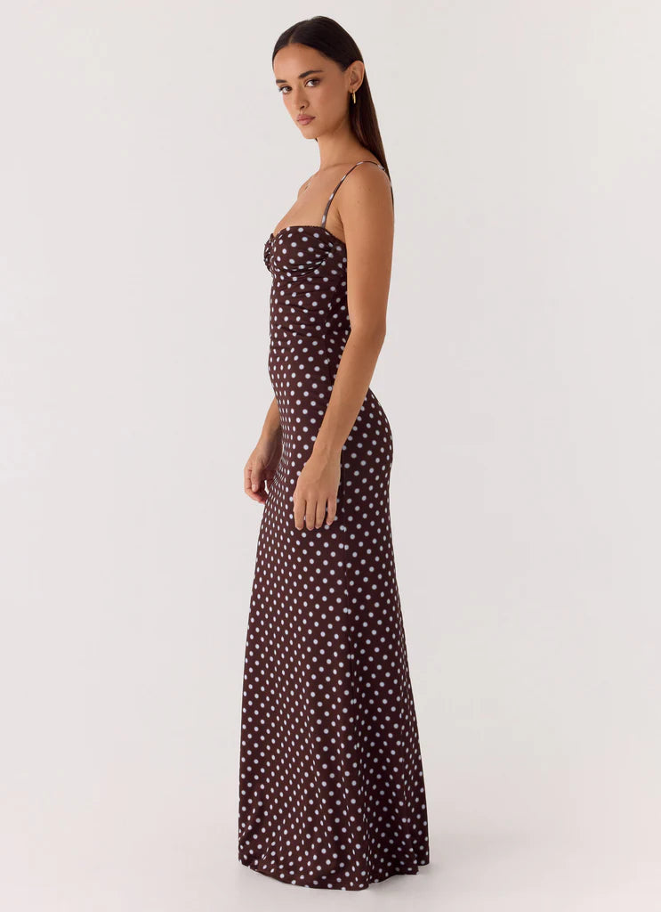 Chocolate Brown Polka Dot Cami Ruched Backless Maxi Prom Dress