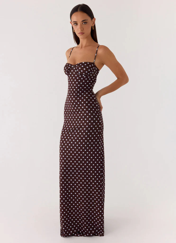 Chocolate Brown Polka Dot Cami Ruched Backless Maxi Prom Dress