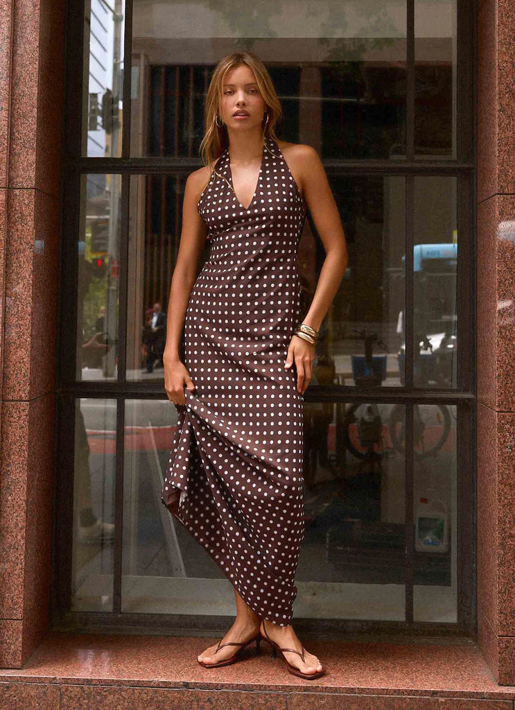 Chocolate Brown Polka Dot Halter Neck Backless Maxi Dress For Elegant Formal Evening Events