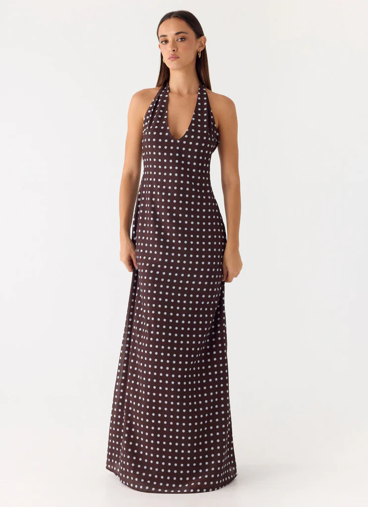 Chocolate Brown Polka Dot Halter Neck Backless Maxi Dress For Elegant Formal Evening Events