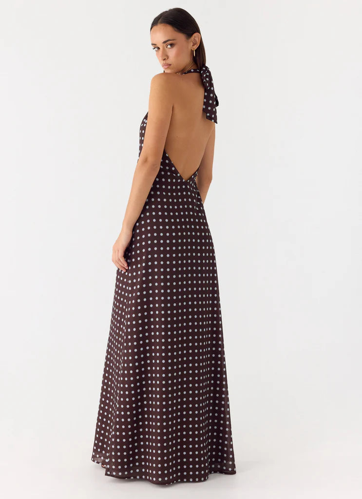 Chocolate Brown Polka Dot Halter Neck Backless Maxi Dress For Elegant Formal Evening Events